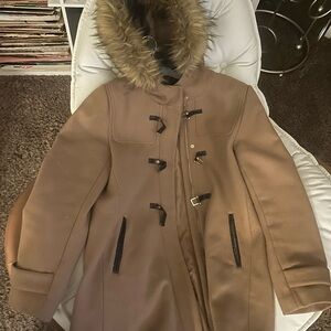 Cole Haan Tan Trench Coat with Faux Fur Hood